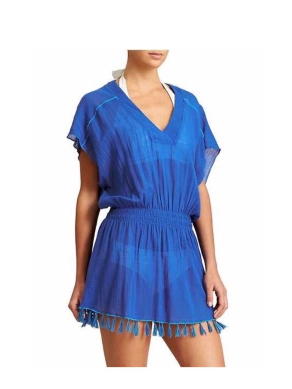 Athleta Royal Blue V-Neck Swim Coverup Tunic with Tassel Hem
